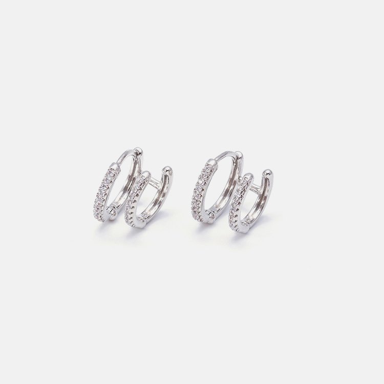 Gorgeous Silver-Plated Double Circle Round Hoop Zirconia Cuff Earrings Jewelry for Women Girls
