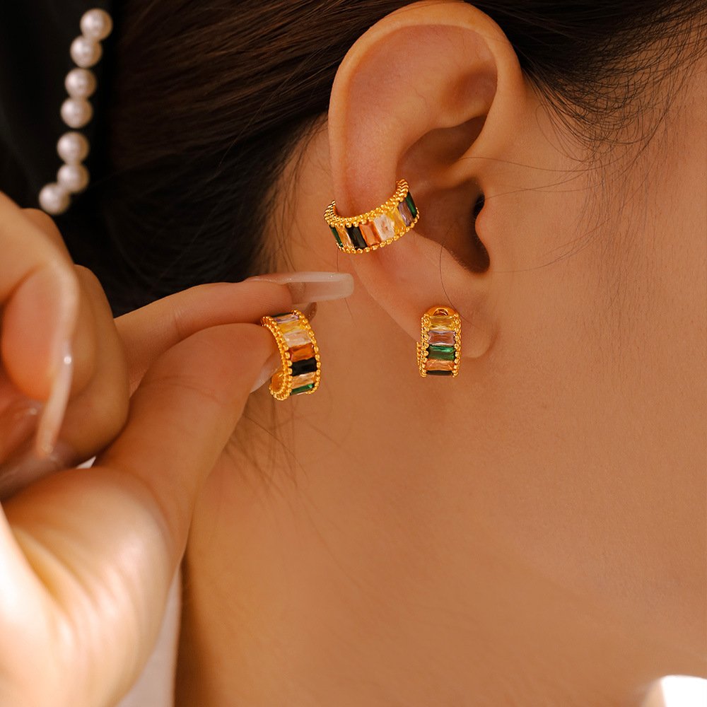 Carline Fine Rainbow Ear Cuff Environmental Friendly Copper Plated 18k Gold CC Shaped clip on Earrings Fashion Jewelry For Women