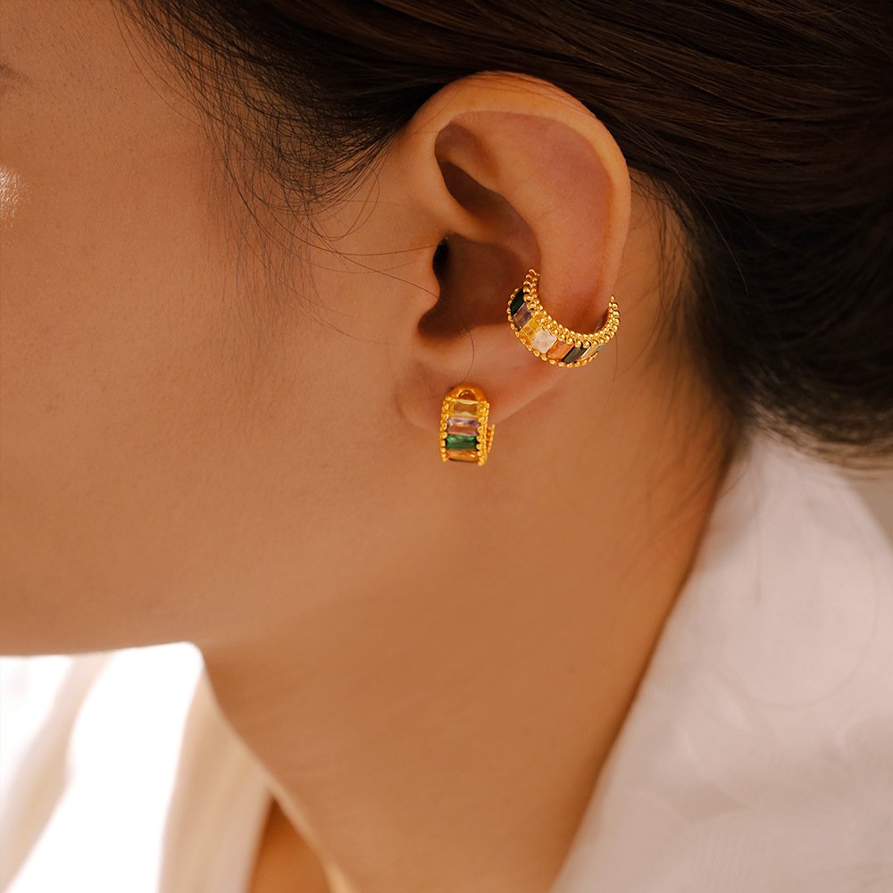 Carline Fine Rainbow Ear Cuff Environmental Friendly Copper Plated 18k Gold CC Shaped clip on Earrings Fashion Jewelry For Women