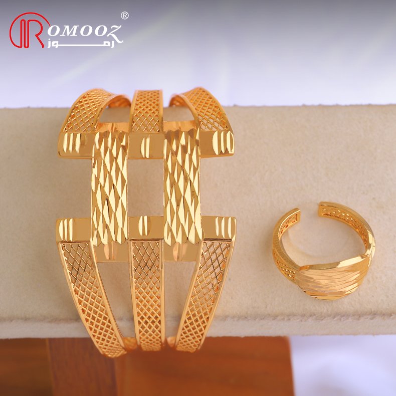Zimas 18K Gold Plated Filled Dubai Cheap Custom Bridal Big Cuff Bangle Rings Fashion Jewelry Set