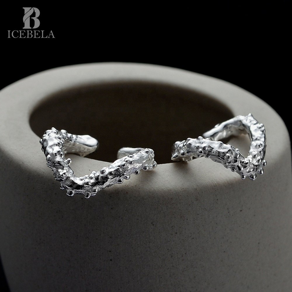 ICEBELA Minimalist 925 Silver Fine Jewelry Raindrop Shaped No Ear Hole Irregular Roughened Surface Cuff Earrings For Girls