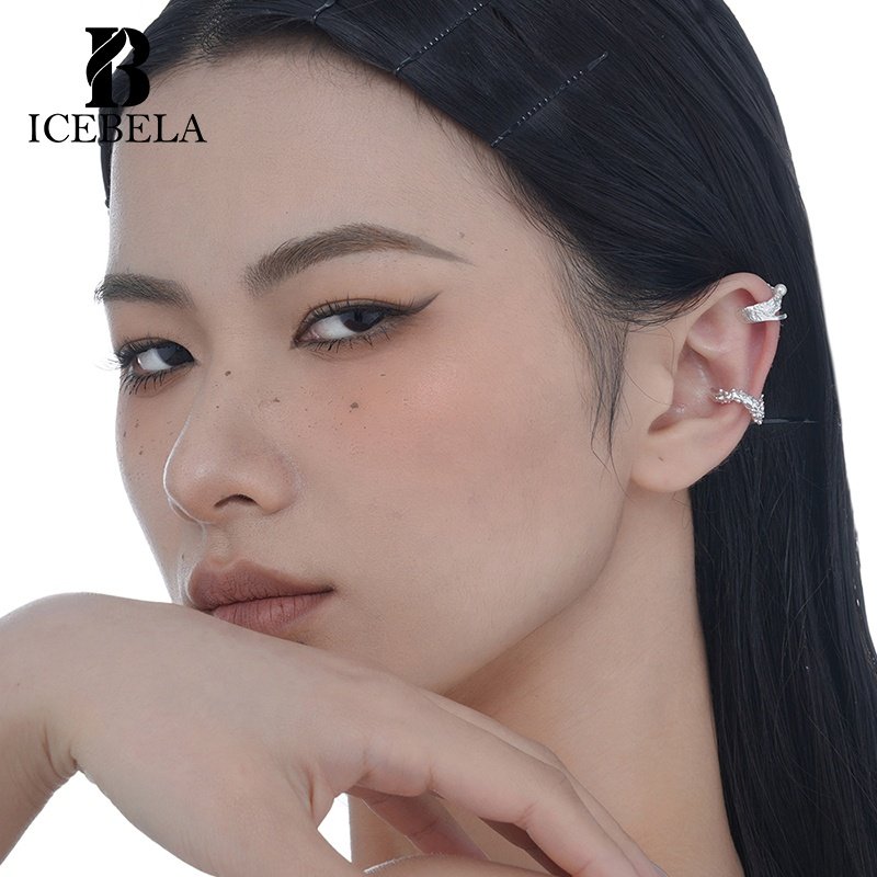 ICEBELA Minimalist 925 Silver Fine Jewelry Raindrop Shaped No Ear Hole Irregular Roughened Surface Cuff Earrings For Girls
