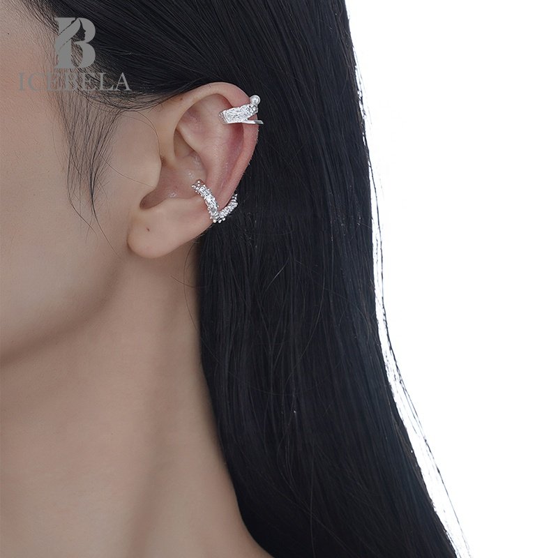ICEBELA Minimalist 925 Silver Fine Jewelry Raindrop Shaped No Ear Hole Irregular Roughened Surface Cuff Earrings For Girls