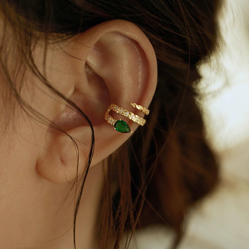 Ear Cuff Snake-Shape Emerald Zircon Fashion Earrings Snake Ear Cuff Women's Exquisite Wedding Party Gift Fine Cuff Earrings