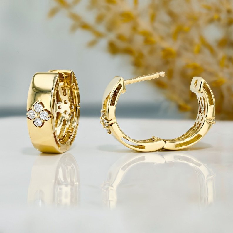 Handmade Statement Jewelry 18k Pure Gold Natural Diamond Double Sided Flower Cluster Hoop Earrings For Her at Affordable Prices