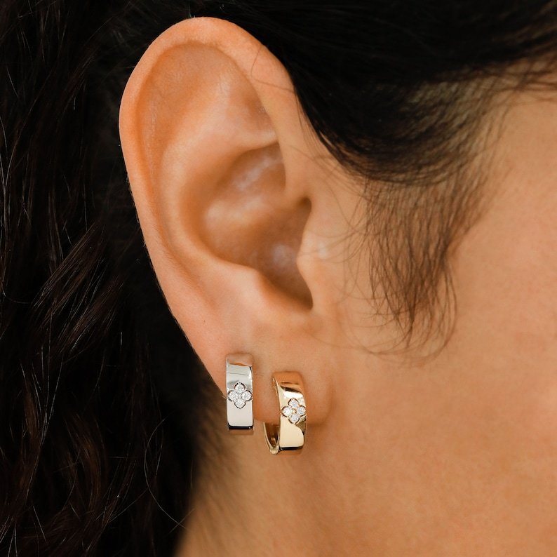 Handmade Statement Jewelry 18k Pure Gold Natural Diamond Double Sided Flower Cluster Hoop Earrings For Her at Affordable Prices