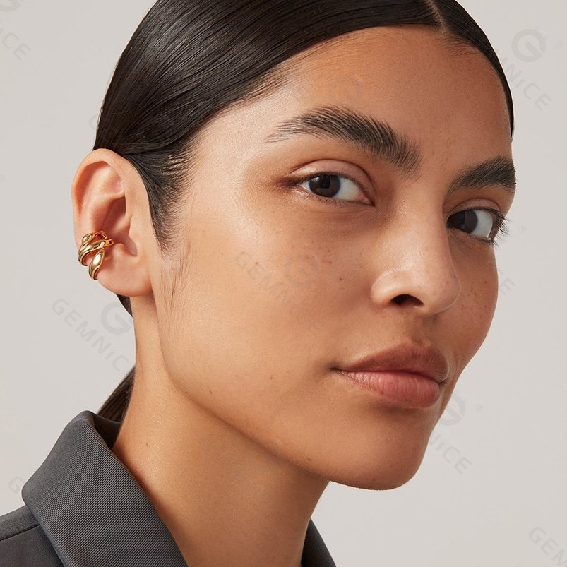 Gemnel fine jewelry 925 sterling silver flow wave high-polish wear ear cuff golden earrings