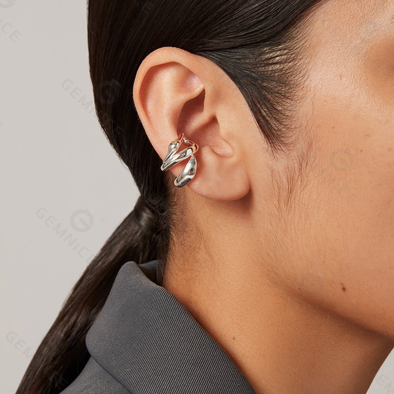 Gemnel fine jewelry 925 sterling silver flow wave high-polish wear ear cuff golden earrings