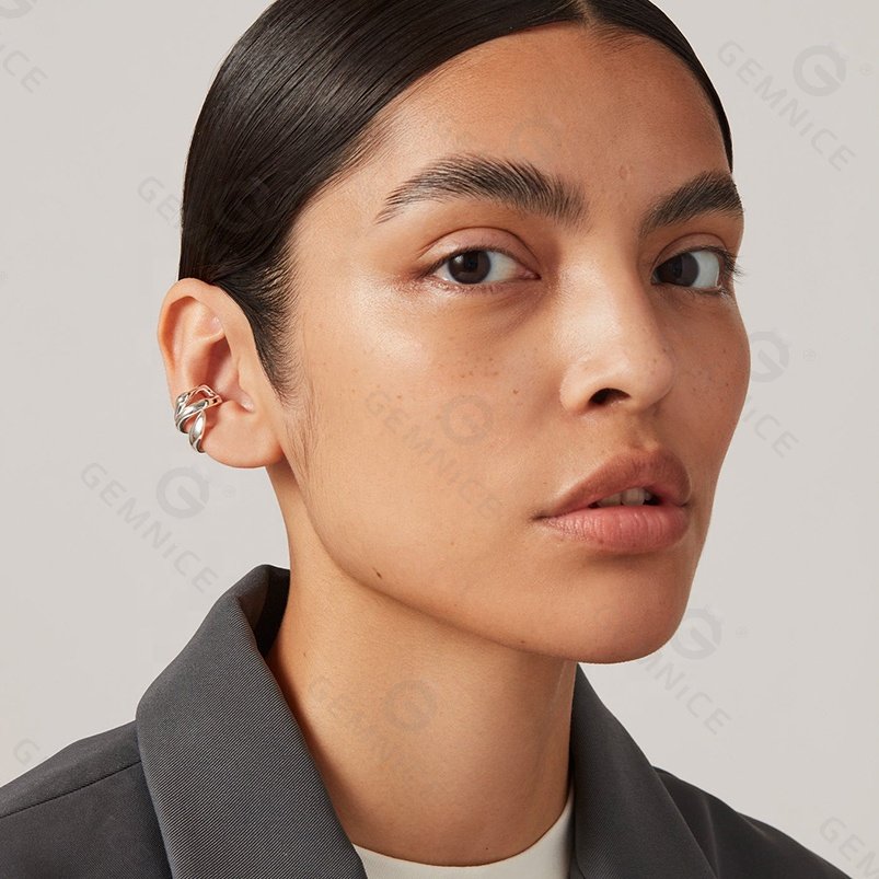 Gemnel fine jewelry 925 sterling silver flow wave high-polish wear ear cuff golden earrings