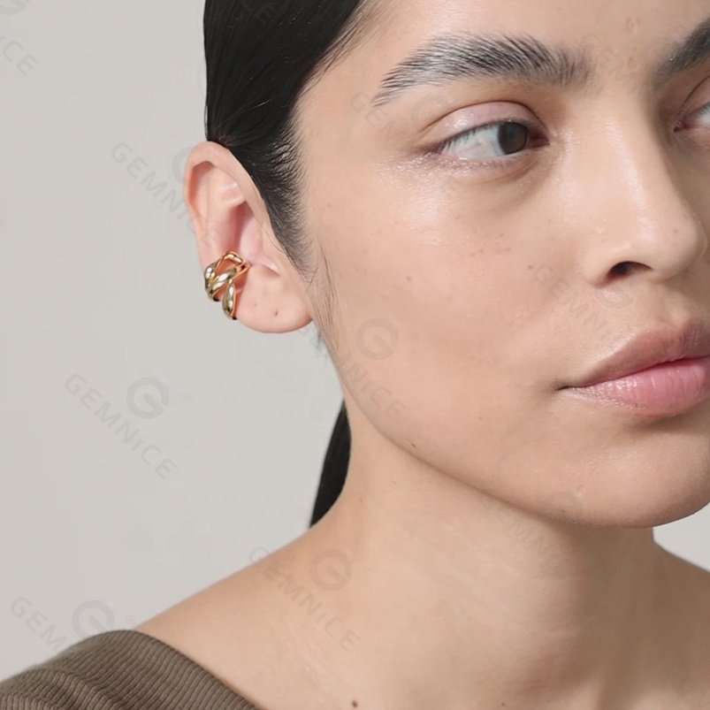 Gemnel fine jewelry 925 sterling silver flow wave high-polish wear ear cuff golden earrings