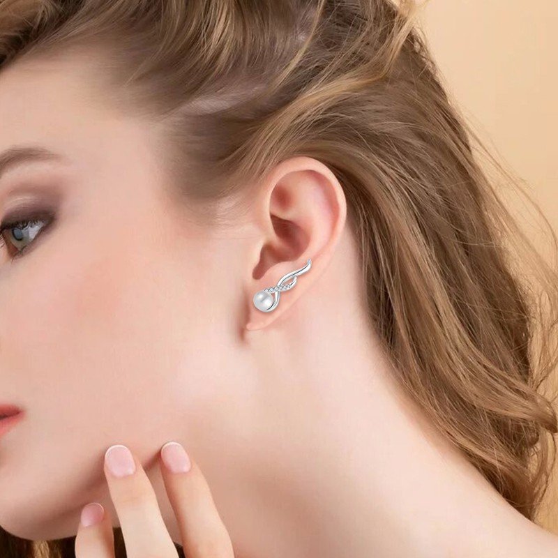 925 Sterling Silver Cubic Zirconia Mother of Pearls Womens Leaves Sapling Studs Ear Cuffs Hypoallergenic Earrings