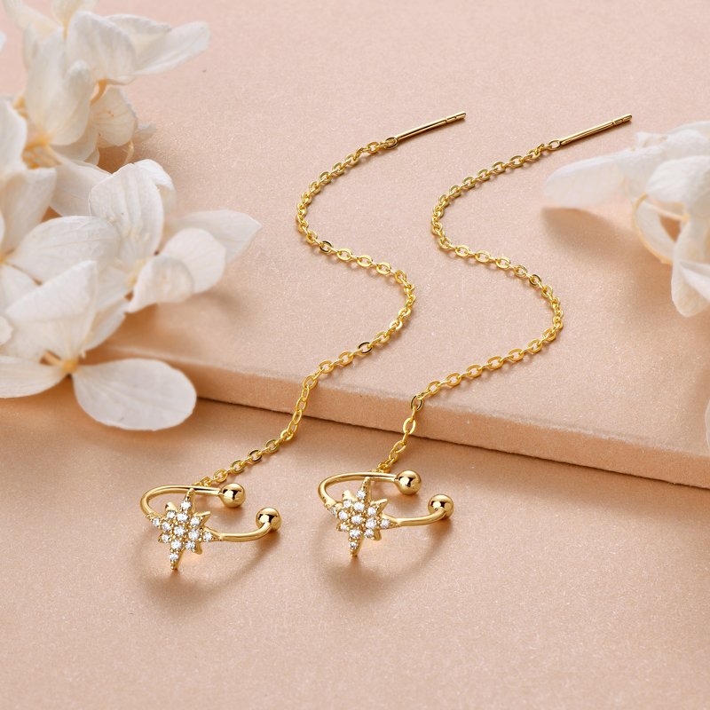 GRA Jewelry Passed diamond test moissanite 925 Silver Long Chain Star Ear Line Cuff Crawler Climber Earrings for Women