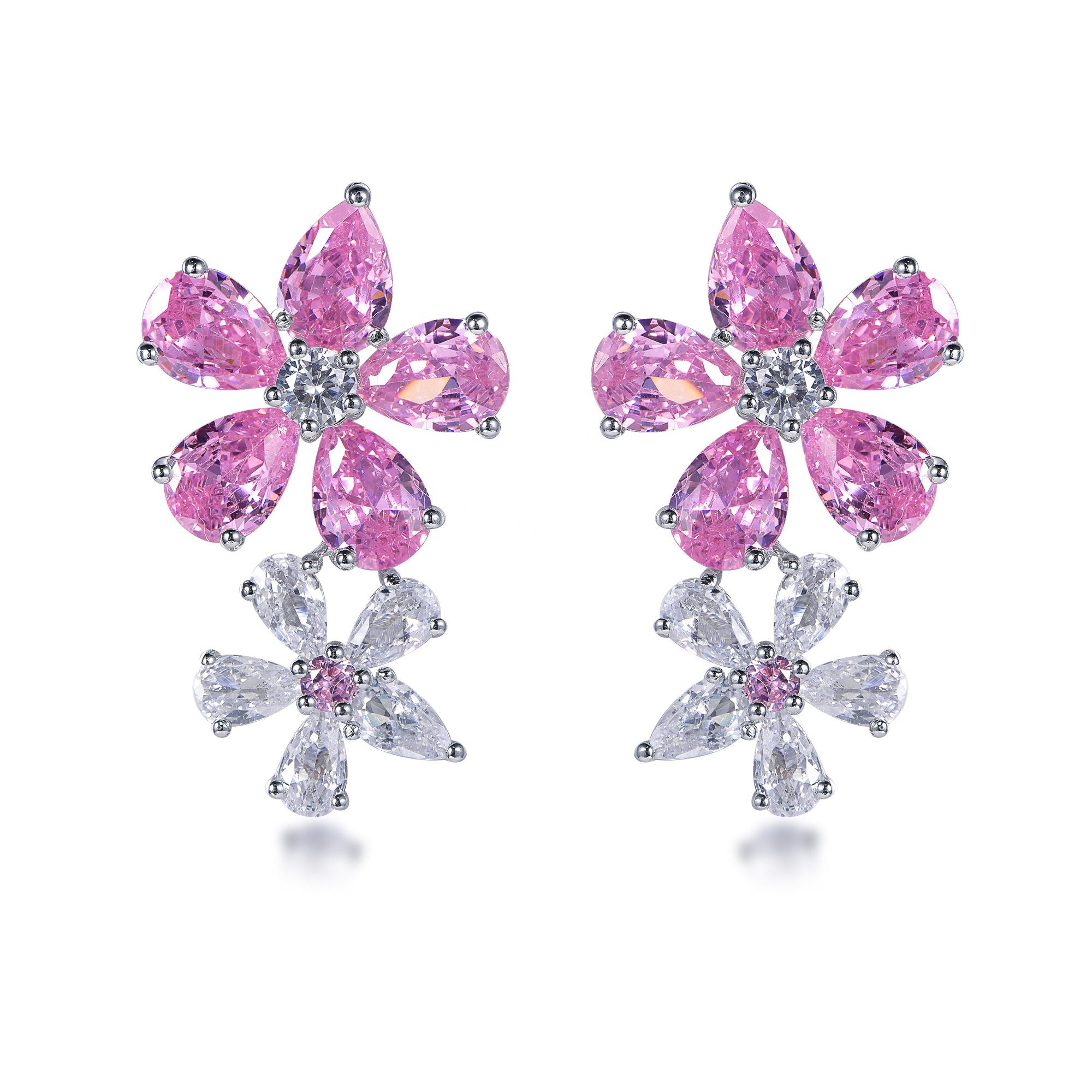 flower statement earrings long flower earrings sterling silver 925 pink CZ double flower petal earrings