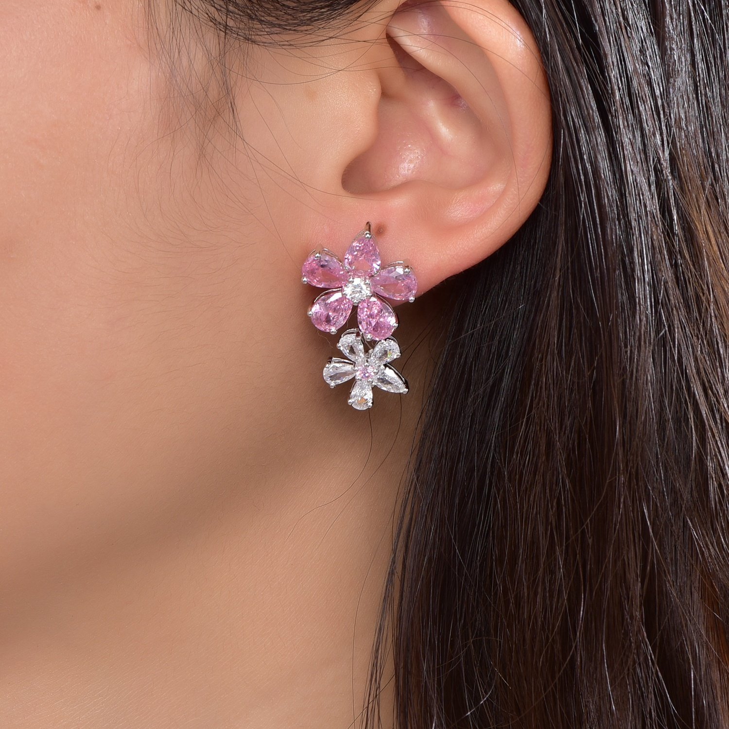 flower statement earrings long flower earrings sterling silver 925 pink CZ double flower petal earrings