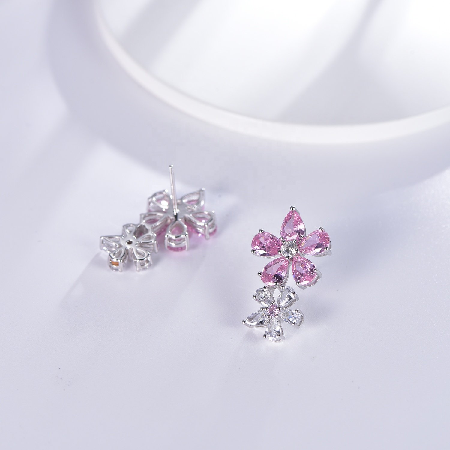 flower statement earrings long flower earrings sterling silver 925 pink CZ double flower petal earrings