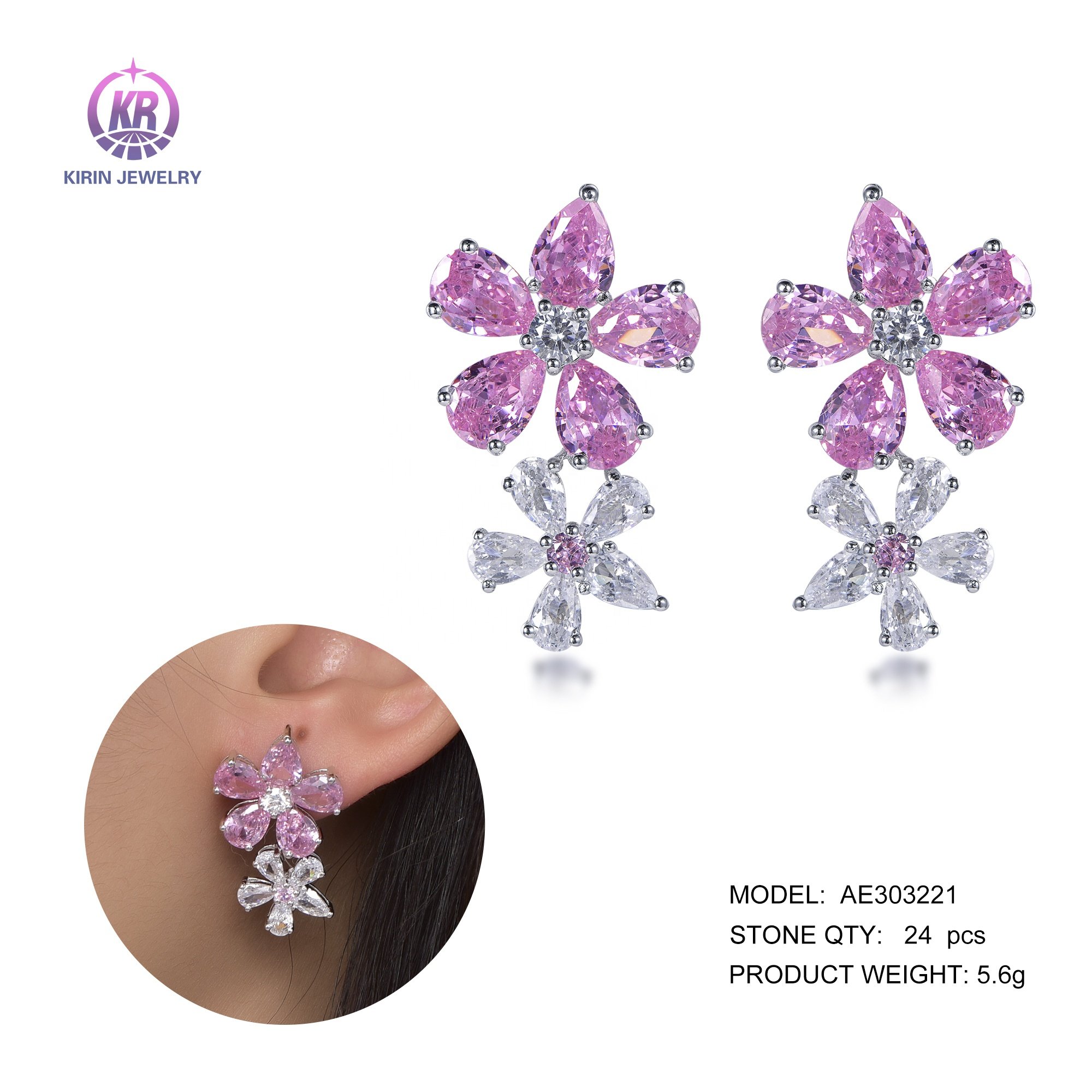 flower statement earrings long flower earrings sterling silver 925 pink CZ double flower petal earrings