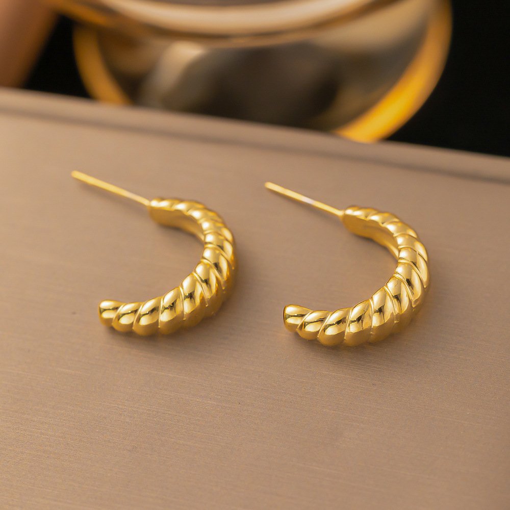 Fashion Stainless Steel 18K PVD Gold Twist Ring Bangle Bracelet Anti Tarnish Jewelry Sets Croissant Cuff Bracelet for Women