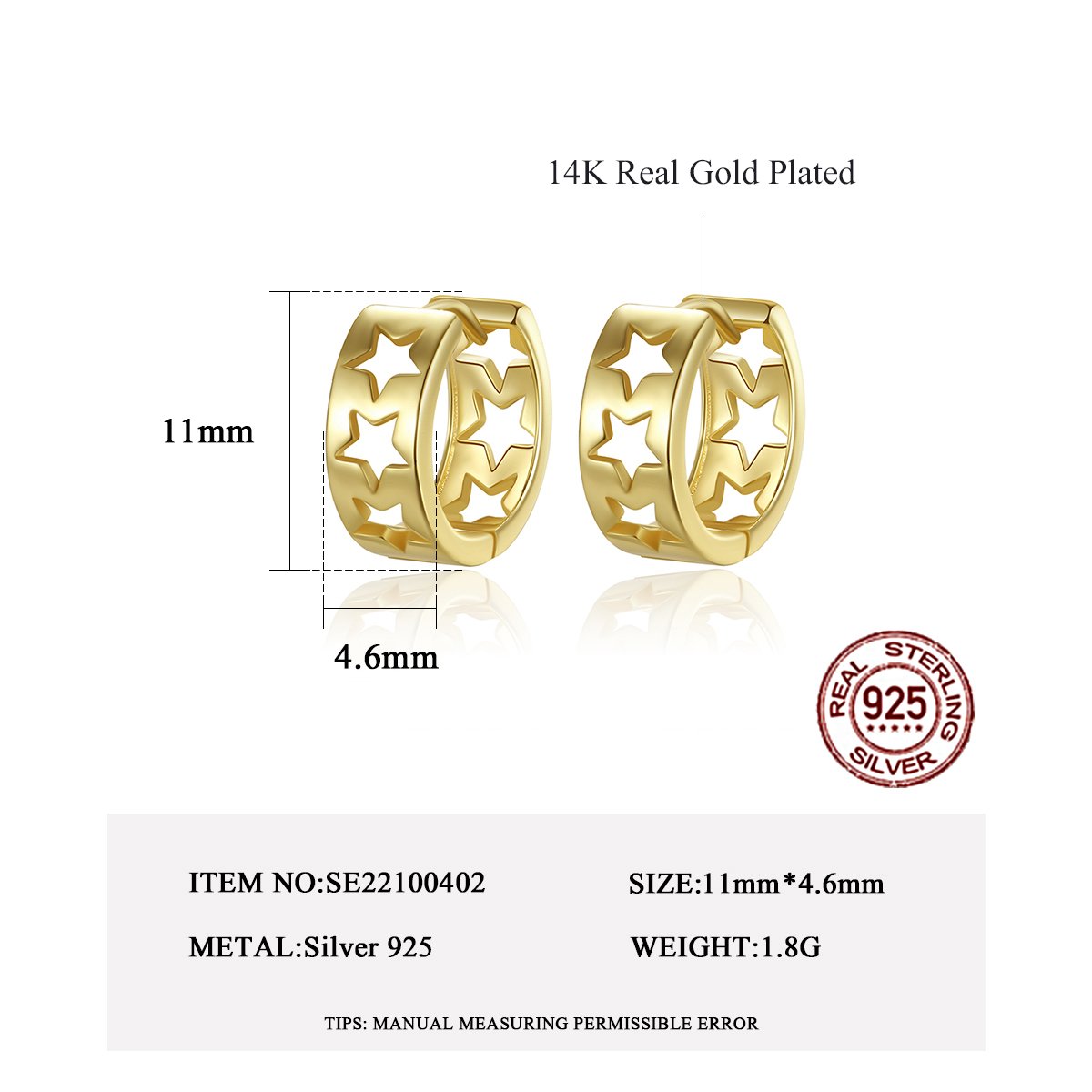 LUOTEEMI 925 Sterling Silver New Cuff Woman Lady Ear Jewelry Clip On Earing Star Huggie Earrings