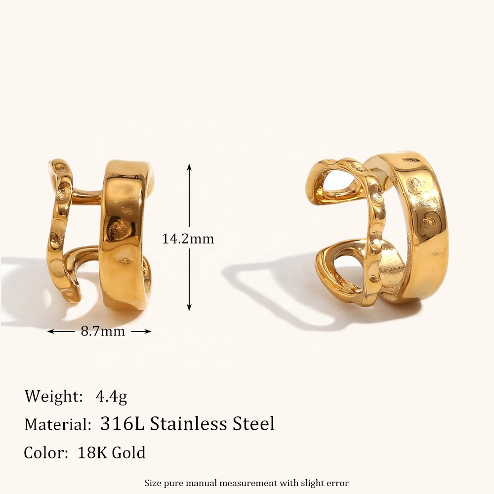 Dingran Irregular Hammered Cuff Earrings 18K Gold Plated Stainless Steel Fashion Clip-On Earrings