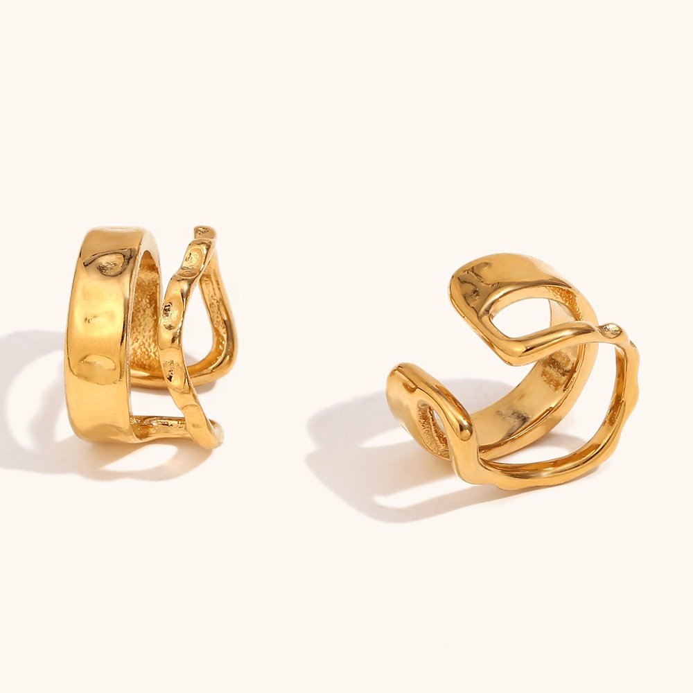Dingran Irregular Hammered Cuff Earrings 18K Gold Plated Stainless Steel Fashion Clip-On Earrings