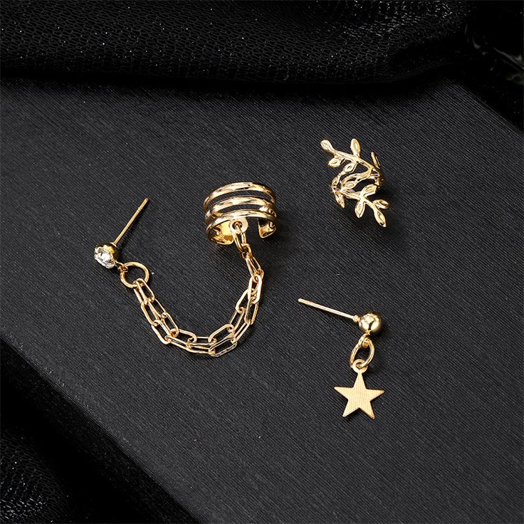 Fashion Ear Cuff Earrings Jewelry 3Pcs/Set Gold Silver Plated Cuban Link Chain Tassel Star Pendat Leaf Ear Clip for Women