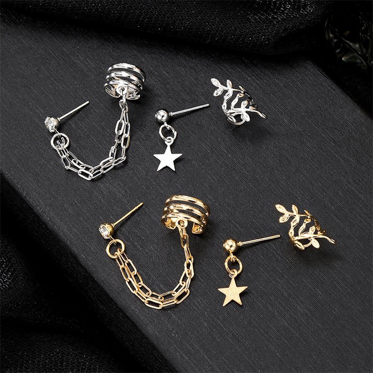 Fashion Ear Cuff Earrings Jewelry 3Pcs/Set Gold Silver Plated Cuban Link Chain Tassel Star Pendat Leaf Ear Clip for Women