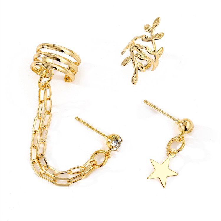 Fashion Ear Cuff Earrings Jewelry 3Pcs/Set Gold Silver Plated Cuban Link Chain Tassel Star Pendat Leaf Ear Clip for Women