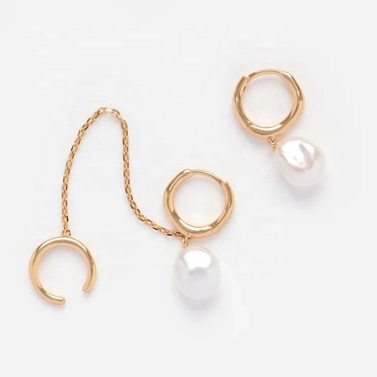 LOZRUNVE 925 Silver Classic Baroque Pearl Drop Hoop Earring Ear Cuff Chain Earring