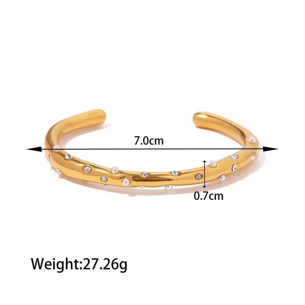 Fashion Chunky Jewelry Women Pearl Pave Stainless Steel Cuff Bangle Waterproof Opening Cubic Zirconia Bangles Fine Jewelry
