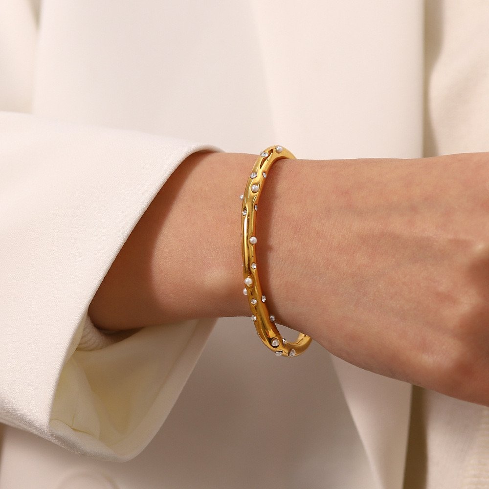 Fashion Chunky Jewelry Women Pearl Pave Stainless Steel Cuff Bangle Waterproof Opening Cubic Zirconia Bangles Fine Jewelry