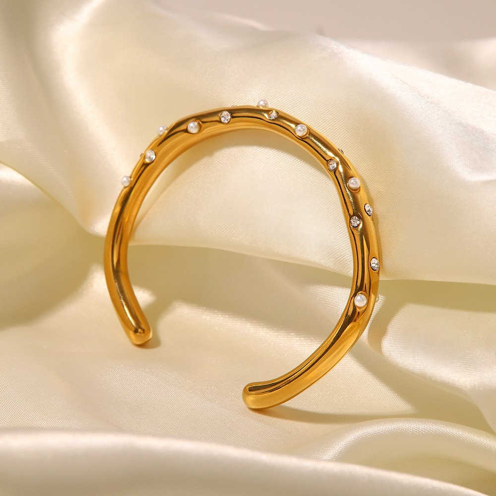 Fashion Chunky Jewelry Women Pearl Pave Stainless Steel Cuff Bangle Waterproof Opening Cubic Zirconia Bangles Fine Jewelry