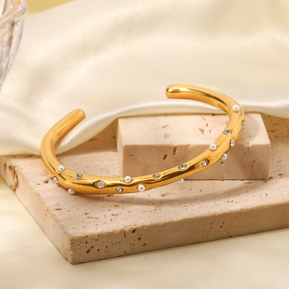 Fashion Chunky Jewelry Women Pearl Pave Stainless Steel Cuff Bangle Waterproof Opening Cubic Zirconia Bangles Fine Jewelry