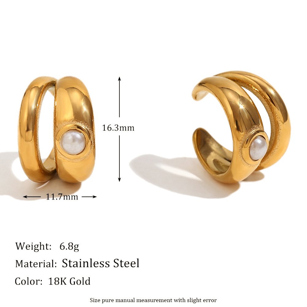 Stainless Steel 18k Gold Plated Fine C Shape Double Layer Imitation Pearl Ear Cuff Earrings Women Accessories