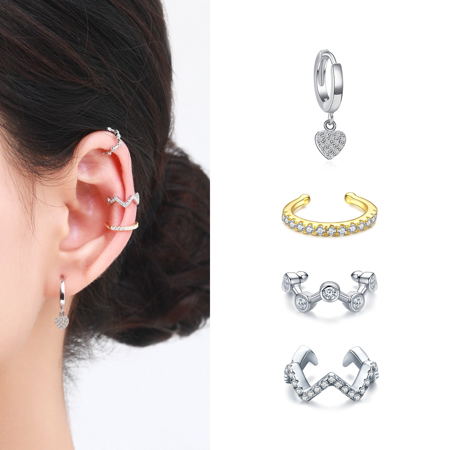 925 Sterling Silver Heart Wave Line Sparkling Clear CZ Ear Cuff For Women Fashion Clips Earrings Fine Jewelry
