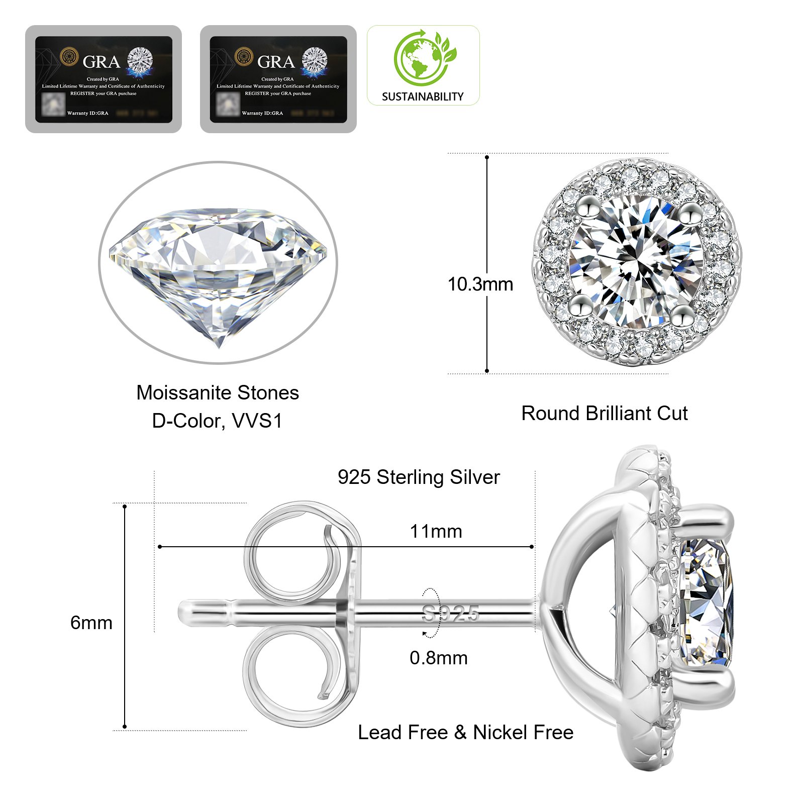 KRKC Wholesale 0.5ct 1.0ct 925 Sterling Silver VVS1 Moissanite Diamond Halo Earring Hypoallergenic Stud Earrings For Brides