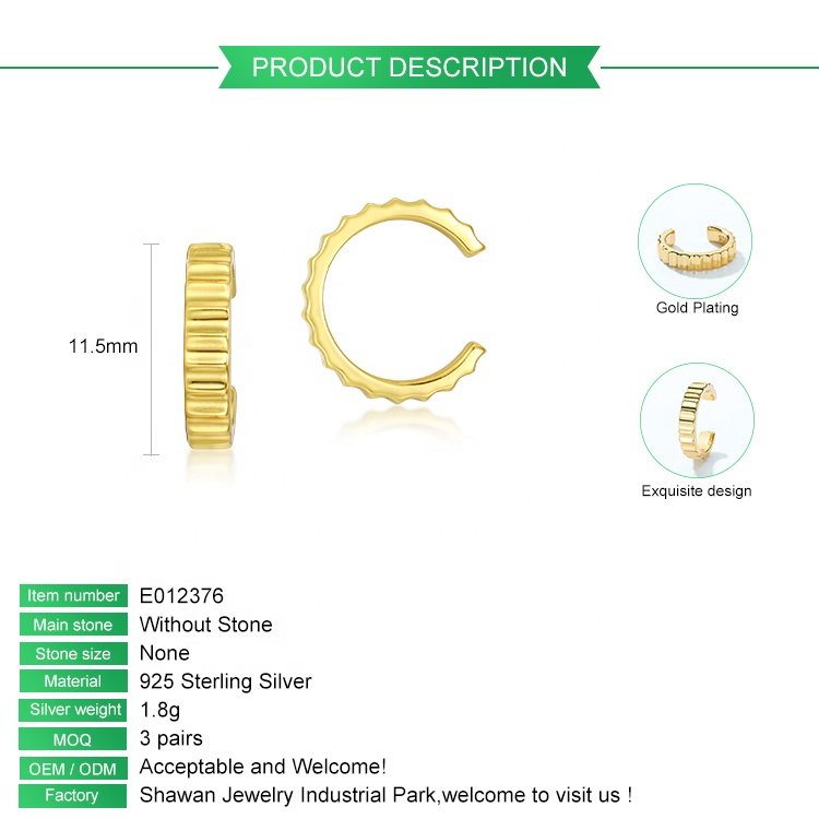 Women Fine Jewelry 925 Sterling Silver Gold Plated Ear Cuff Simple Cartilage Cuff Earrings
