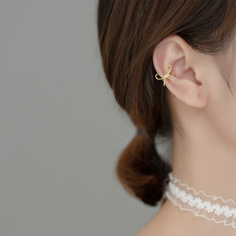 Fashion 925 Sterling Silver No Piercing Ear Bone Cuffs Earings Bowknot Shape Gold Plated Clip on Earrings Jewelry for Women
