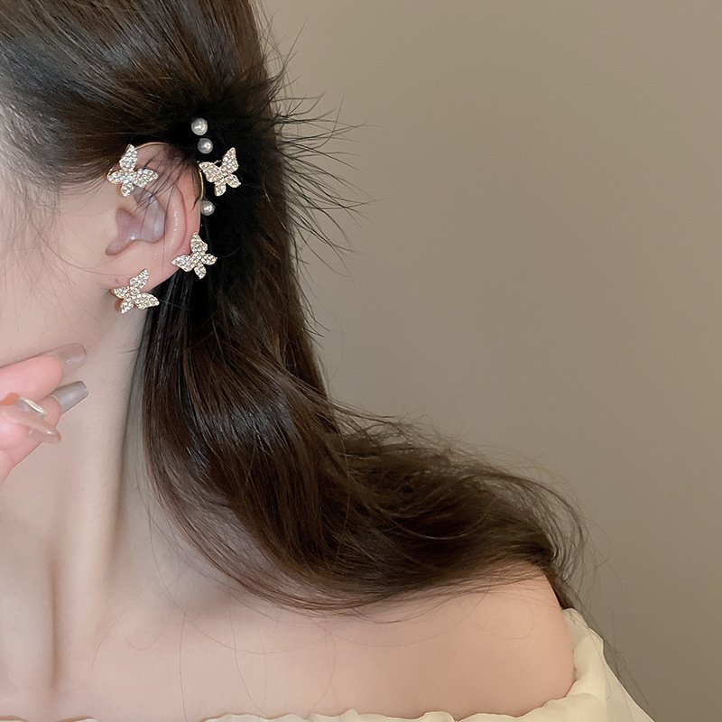 Fine 18k Gold Plated Butterfly Pearl Cuff Earring Trendy Full Diamond Butterfly Ear Cuffs Large Geometric Feather Clip Earrings