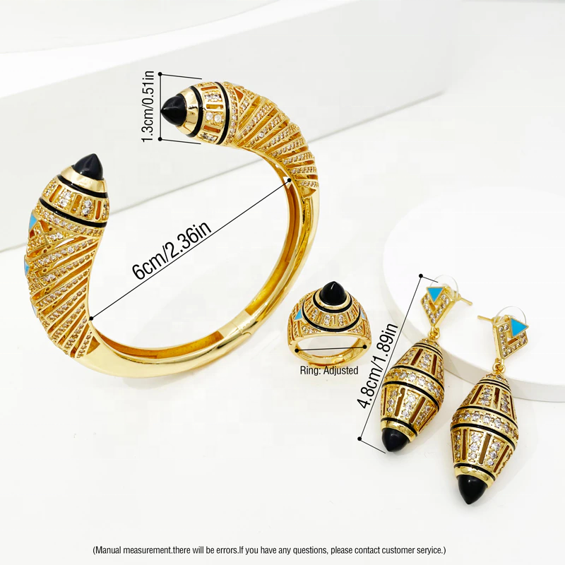 GZJPEI Luxury Women Bracelet Ring Set Dubai Gold Color Cuff Bangle Classic Earring Elegant Copper bracelet bague ensemble