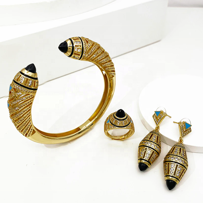 GZJPEI Luxury Women Bracelet Ring Set Dubai Gold Color Cuff Bangle Classic Earring Elegant Copper bracelet bague ensemble