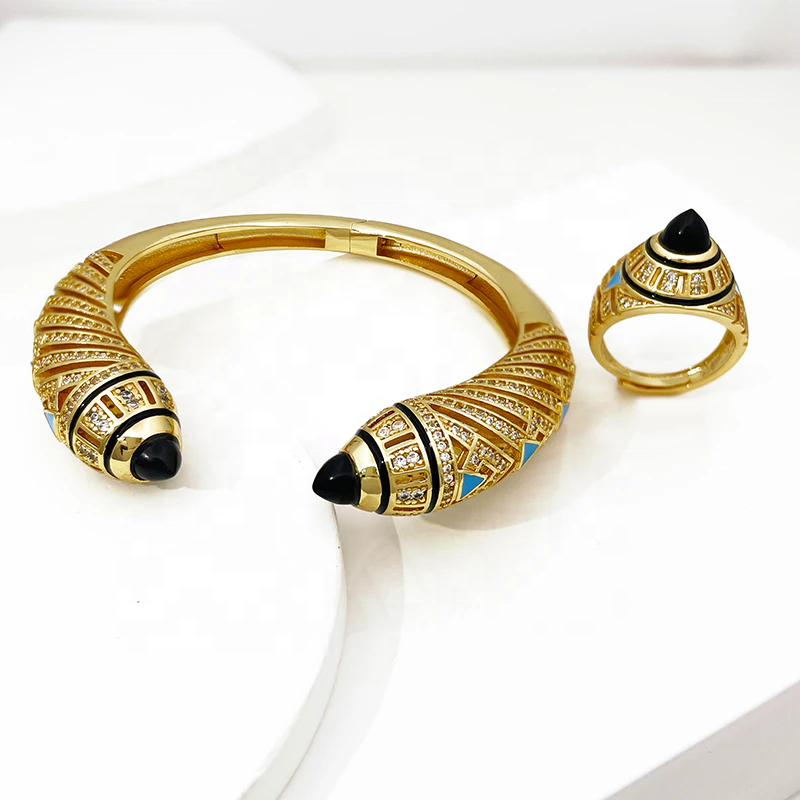 GZJPEI Luxury Women Bracelet Ring Set Dubai Gold Color Cuff Bangle Classic Earring Elegant Copper bracelet bague ensemble