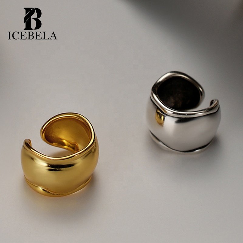 ICEBELA Fine Jewelry 925 Silver Minimalist Retro Irregular Convex Face 18k Gold Plated Dainty Chunky Cuff Earrings For Women