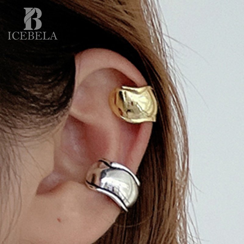 ICEBELA Fine Jewelry 925 Silver Minimalist Retro Irregular Convex Face 18k Gold Plated Dainty Chunky Cuff Earrings For Women