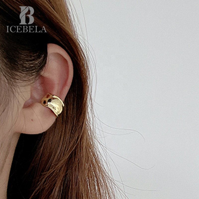 ICEBELA Fine Jewelry 925 Silver Minimalist Retro Irregular Convex Face 18k Gold Plated Dainty Chunky Cuff Earrings For Women
