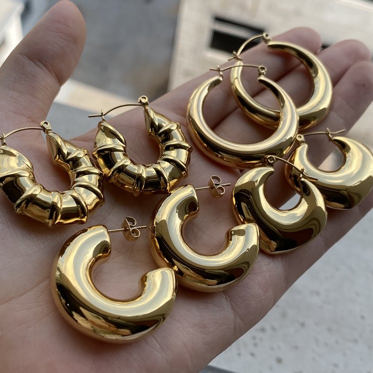 Fashion Waterproof Jewelry 18K Gold Plated Stainless Steel Hollow Thick Chunky Clip On Non Pierced Ear Cuff Hoop Earrings Women