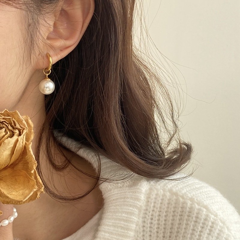 Simple Fashion Fine 18k Gold Plated Stainless Steel Hoop Dangle Pearl Earrings Jewelry For Women Girls