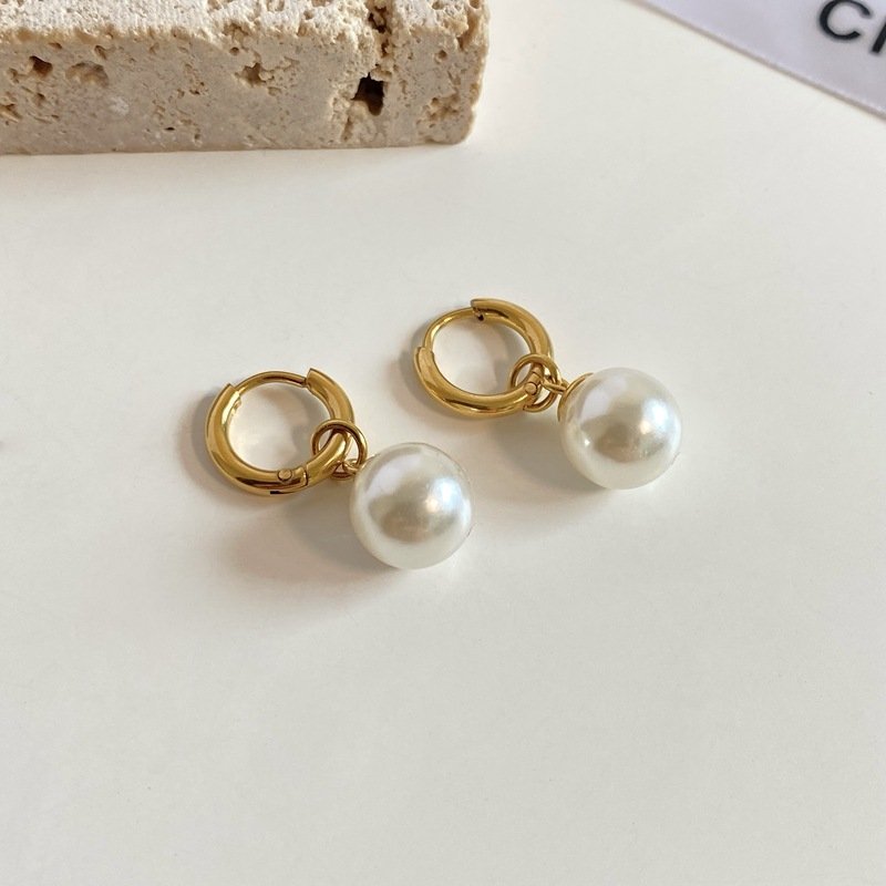 Simple Fashion Fine 18k Gold Plated Stainless Steel Hoop Dangle Pearl Earrings Jewelry For Women Girls