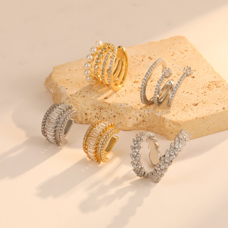 Irregular Shape Ladies Fine Jewelry 14K Gold Plated Waterproof Ear Clip Brass Material with Zircon Inlay Trendy Cuff Earrings