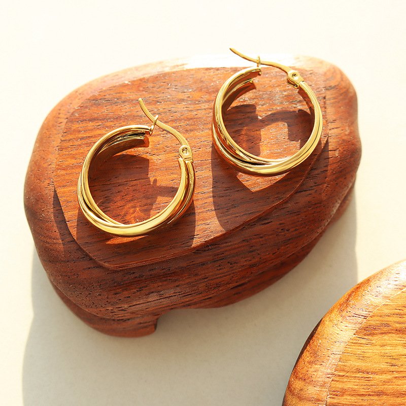 Europe and United States 18K Gold Titanium Steel Plated Double U Shaped Earrings Trendy Individual Harbor Atmosphere for Female