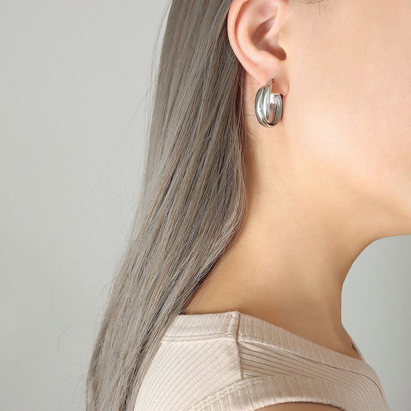 Europe and United States 18K Gold Titanium Steel Plated Double U Shaped Earrings Trendy Individual Harbor Atmosphere for Female